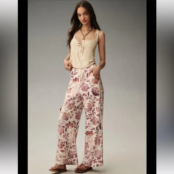 Anthropologie Pilcro Linen Floral Print Cargo Pants Pink Combo • Medium • NWT - Picture 1 of 9